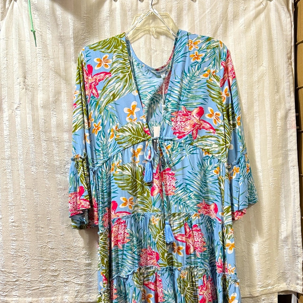 Blue Island Tropical Floral Swim Cover-Up, Size L, NWT